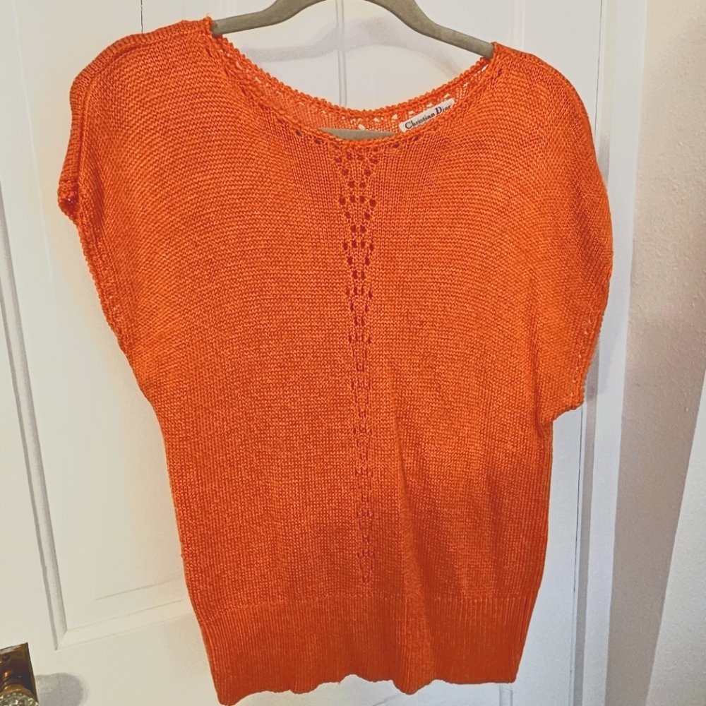 Christian Dior Knitted Cap Sleeve Top, Orange, Size Large, Vintage